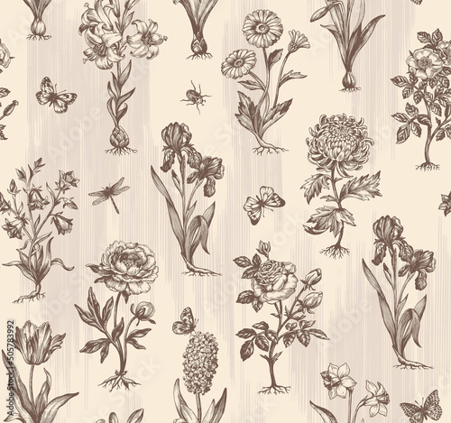 Botanical victorian seamless pattern for wrapping paper, textile and wallpaper. Engraved vintage style. Vector illustration.