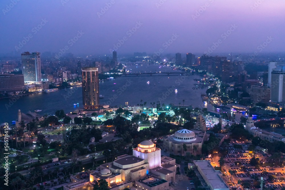 Egypt, Cairo, Aerial view of cityscape and Nile river at night