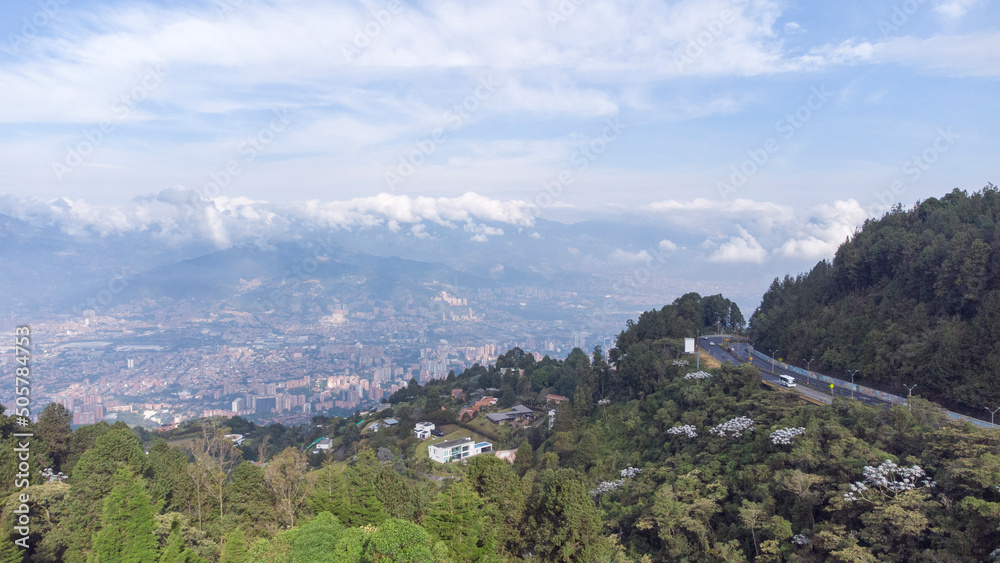 Panoramic landscape road La Palmas Medellin - Colombia taken with a drone