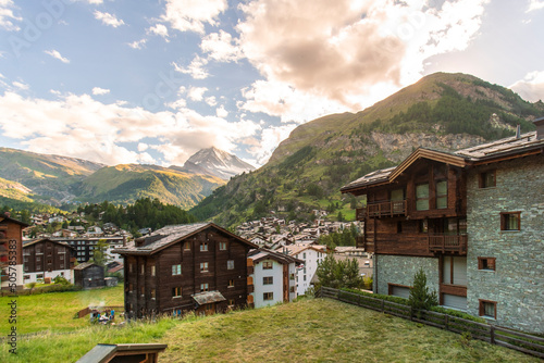 Switzerland, Valais, Town in mountain landscape