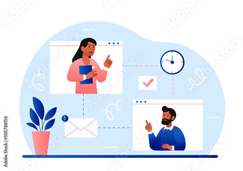 Working online concept. Man and girl communicate via video call, remote workers. Employees and colleagues, partners. Coworking, video conference and brainstorming. Cartoon flat vector illustration