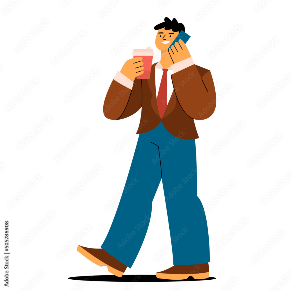 Happy guy in brown and blue suit with a red tie holding a cup of coffee. Walking and talking on phone. Hand in a pocket. Full character figure. Flat hand drawn vector illustration