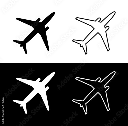Icons of air planes for travel. Airplanes illustration. Symbols of fly aircraft flat jet silhouettes on white, black backgrounds. Signs of flight of simple airplane to airport for web. Vector