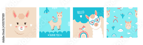 Vector greeting cards and thank you cards. Set of posters with cute alpaca and bird. Llama on blue and beige backgrounds with rainbow and cactus