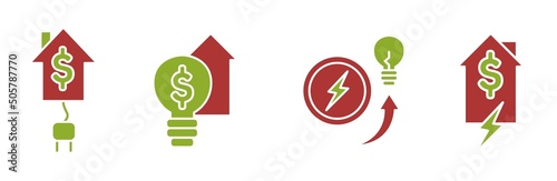 Rising electricity price icon set, high energy bill concept, financial crisis vector icons, high household expenses emblems, symbols isolated on white background