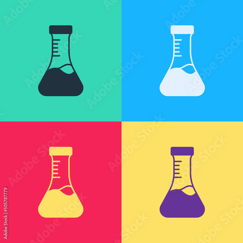 Pop art Test tube and flask chemical laboratory test icon isolated on color background. Laboratory glassware sign. Vector