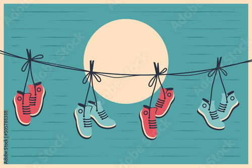 Sneakers hanging in retro style. Pair of shoes with tied laces dangling on a string. Vector flat illustration for banner, poster, cover art