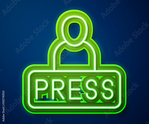 Glowing neon line Journalist news reporter icon isolated on blue background. Vector