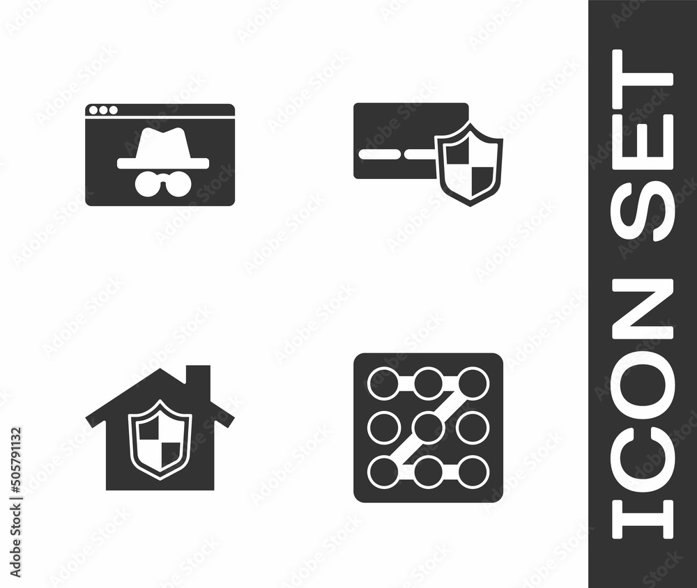 Set Graphic password protection, Browser incognito window, House under and Credit card with shield icon. Vector Set Graphic password protection, Browser incognito window, House under and Credit card with shield icon. Vector