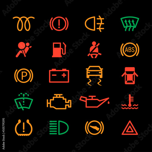 Car dashboard icon engine light abs led oil. Car dashboard sign indicator lamp alert parking symbol set