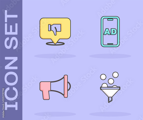 Set Lead management, Dislike in speech bubble, Megaphone and Advertising icon. Vector