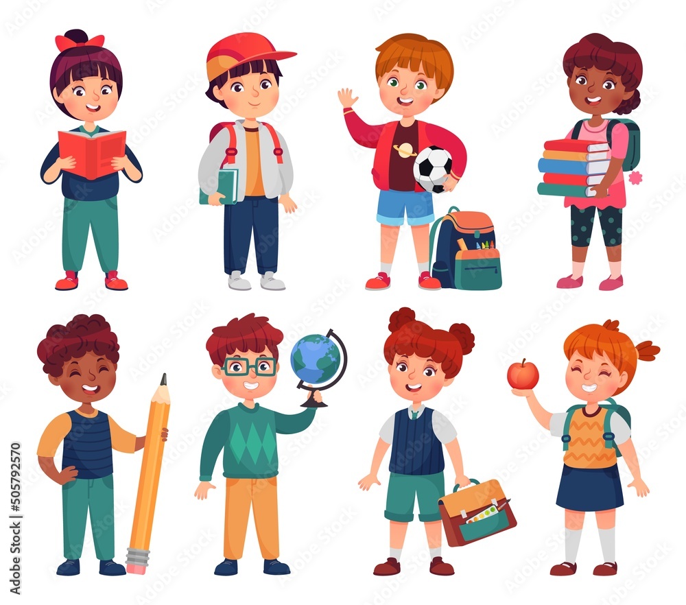 Cute cartoon primary school boys and girls with backpacks, reading books and learning. Boy with globe, pencil, ball. Student children characters vector set