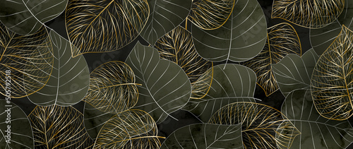 Abstract background with eucalyptus leaves with tile line. Botanical art banner in green and gold colors for decoration design, print, wallpaper, wall, fabric