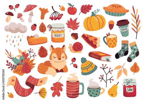 Autumn elements stickers. Cozy fall icons with fox, hat, scarf, socks, mushrooms and leaves. Jam, coffee, pumpkin, pie vector set