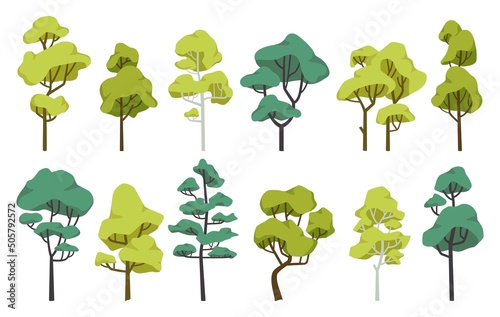 Cartoon green trees for forest or park nature landscape. Plant with trunk and leaves. Woodland environment. Flat tree vector set