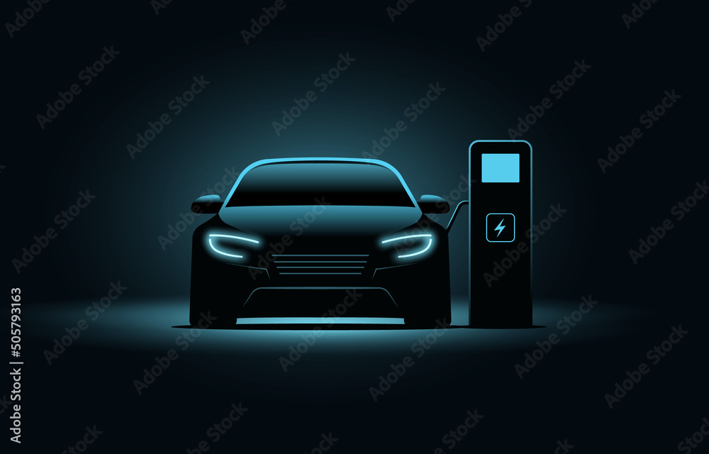 Electric car ev charge station vector concept. Electric vehicle charger energy background neon battery illustration - obrazy, fototapety, plakaty 