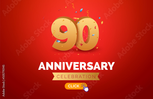 Anniversary birthday 90 years golden background. Happy vector poster 90th anniversary confetti celebration poster
