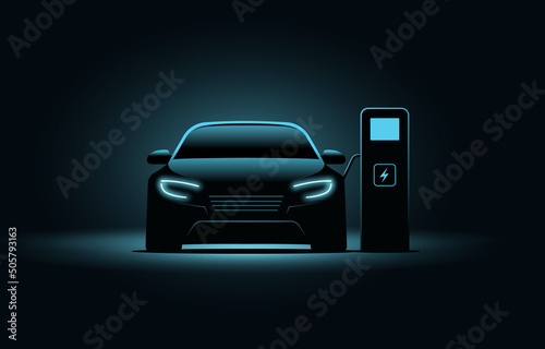 Electric car ev charge station vector concept. Electric vehicle charger energy background neon battery illustration photo