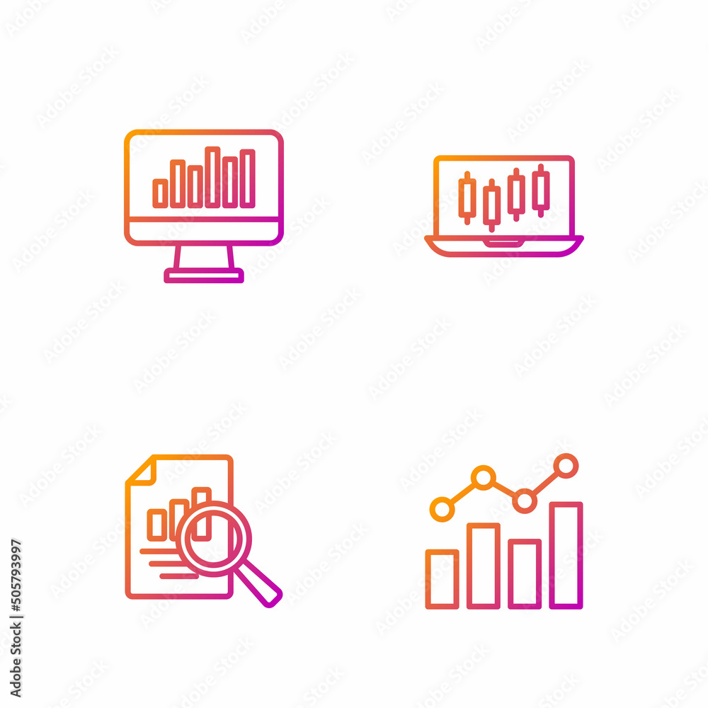 Set line Financial growth, Document with graph chart, Monitor and Stocks market graphs. Gradient color icons. Vector Set line Financial growth, Document with graph chart, Monitor and Stocks market graphs. Gradient color icons. Vector