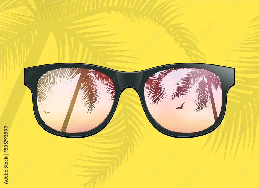 Hello summer fun background concept. Vector sunglass beach palm vacation design illustration