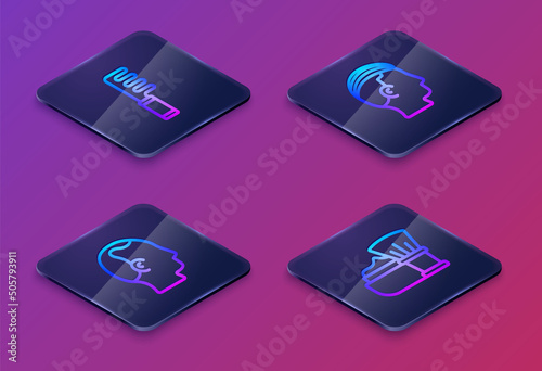 Set Isometric line Hairbrush, Baldness, Hairstyle for men and Shaving with foam. Blue square button. Vector