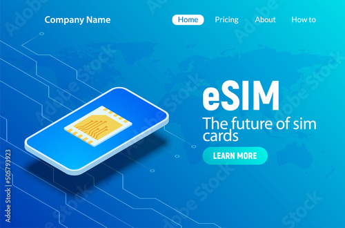 Esim technology digital card microchip phone gsm mobile vector concept. Esim technology