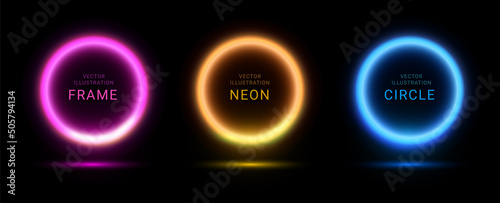 Neon light circle ring. Purple glow laser neon round vector effect circle frame background