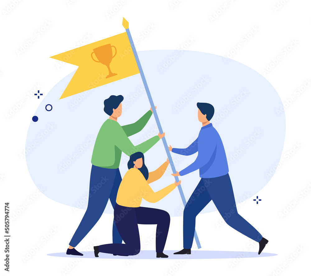 Teamwork, goal achievement and business success concept. Flag as a symbol  of success. Vector illustration. Векторный объект Stock | Adobe Stock