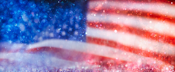 Sparkling red, white, and blue abstract background. USA background or American flag wallpaper for 4th of July, Memorial Day, Veteran's Day, or other patriotic celebration.