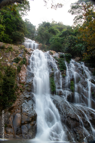 arboles, y rocas alrededor de una cascada