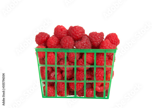 Green open weave plastic pint sized basket full of fresh ripe red raspberries, isolated on white. photo