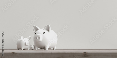 White piggy bank and baby pig family symbol business economy saving money budget loan wealth rich fund earning deposit cash financial investment budget growth profit stock tax debt income.3d render