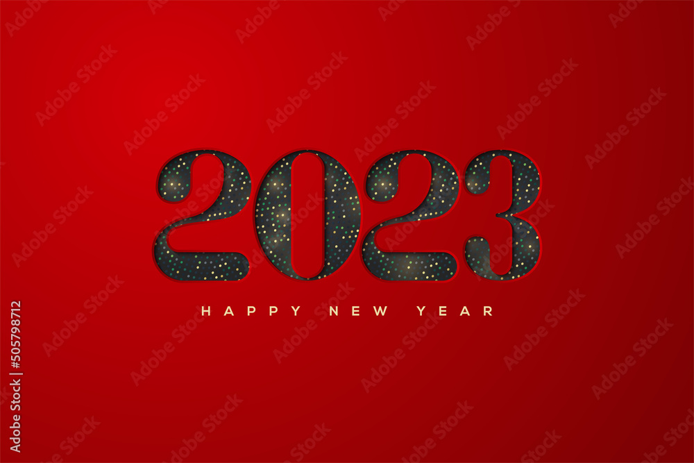 Happy new year 2023 with golden halftone numbers on red background