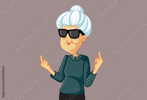 Funny Carefree Granny Flipping Middle Finger Vector Cartoon