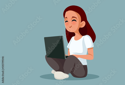 Girl Sitting and Typing on her Laptop Vector Cartoon Illustration