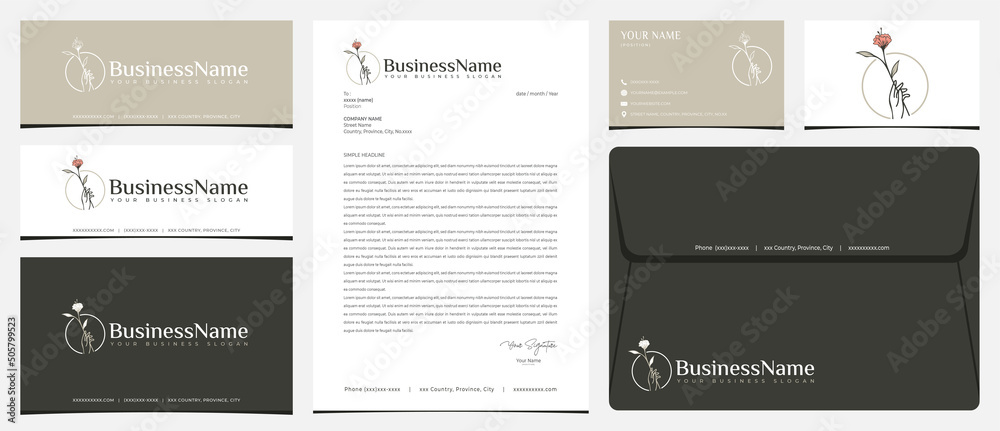 Hand and flower logo with stationery, business card and social media banner designs