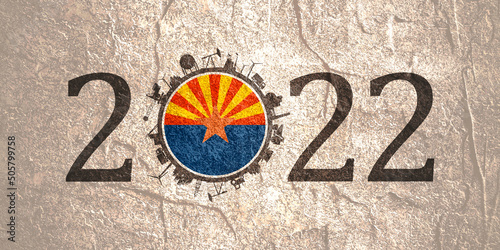 2022 year number with industrial icons around zero digit. Flag of Arizona.