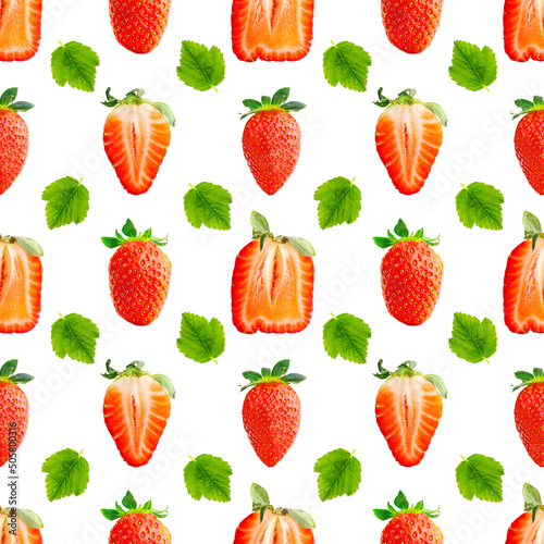 Fototapeta Naklejka Na Ścianę i Meble -  Fresh strawberry seamless pattern. Ripe strawberries isolated on white . Package design background. Falling strawberry selective focus.