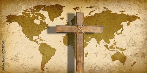 The Holy Cross and the World Gospel on world background.