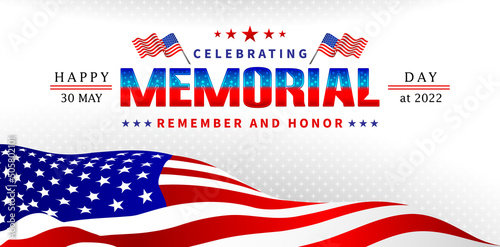 celebration of happy memorial day remember and honor with American flag background for website banner, poster corporate, sign business, social media posts, advertising agency, wallpaper, backdrop, ads
