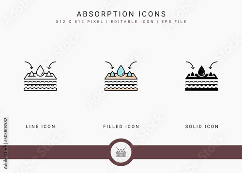 Absorption icons set vector illustration with solid icon line style. Skin moisture water concept. Editable stroke icon on isolated background for web design, user interface, and mobile application