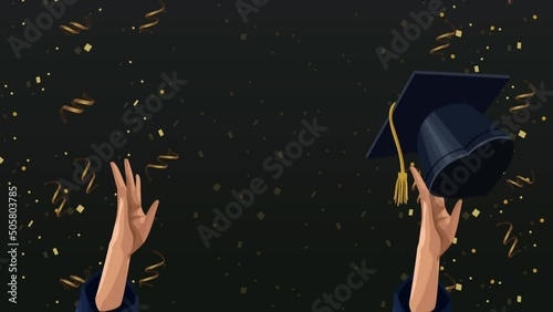 graduation celebration animation with hands and hat