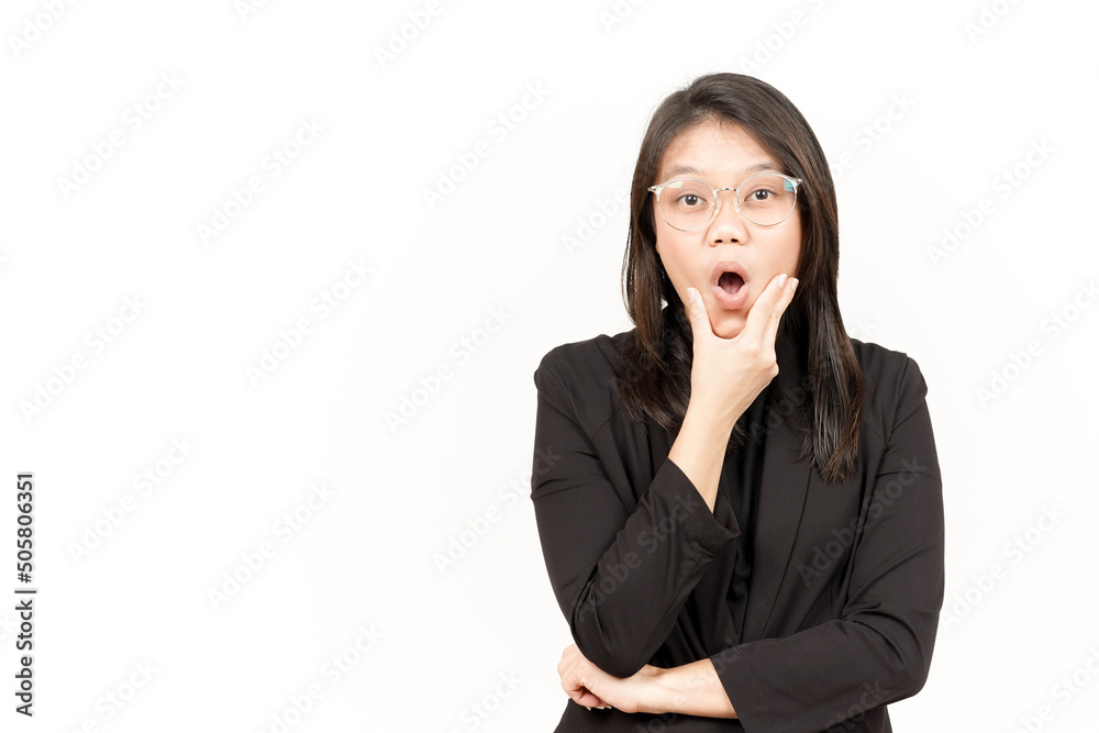 WOW Face Expression Of Beautiful Asian Woman Wearing Black Blazer Isolated On White Background WOW Face Expression Of Beautiful Asian Woman Wearing Black Blazer Isolated On White Background