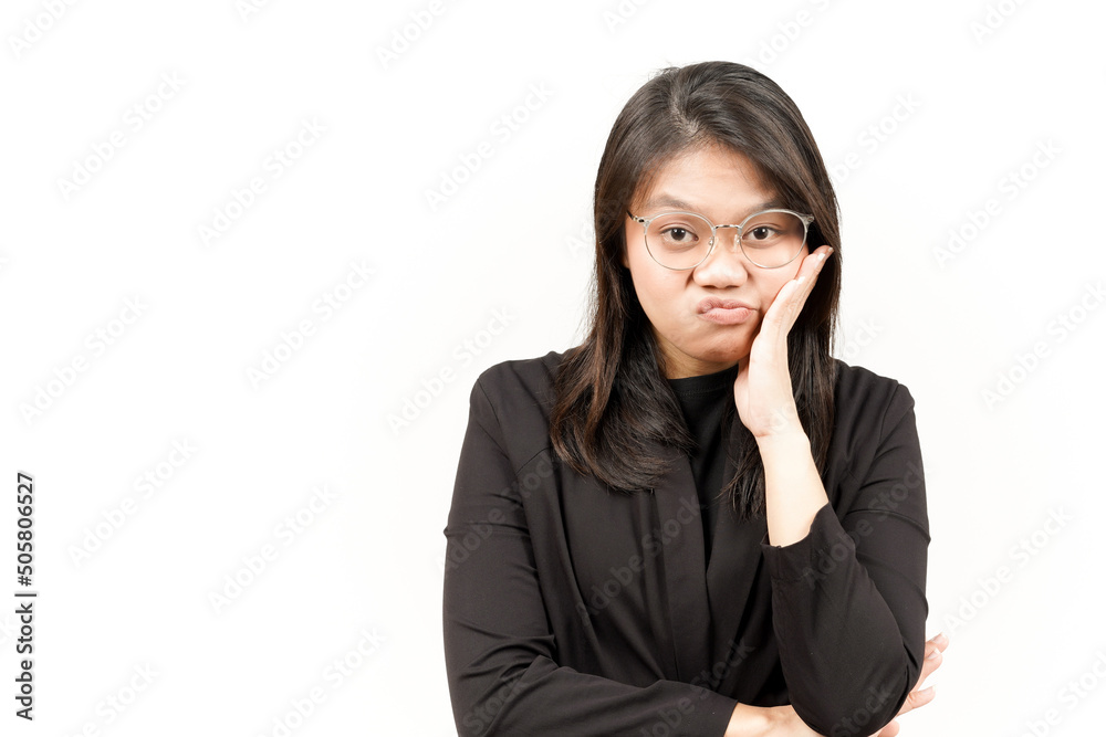 Boring Gesture Of Beautiful Asian Woman Wearing Black Blazer Isolated On White Background Boring Gesture Of Beautiful Asian Woman Wearing Black Blazer Isolated On White Background