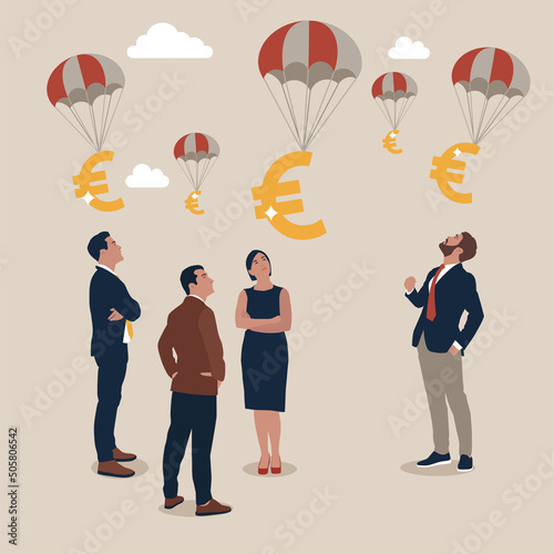 Euros floating into EU countries as financial relief plan for impending recession from the COVID-19 crisis. Citizens waiting for government sponsored assistance.