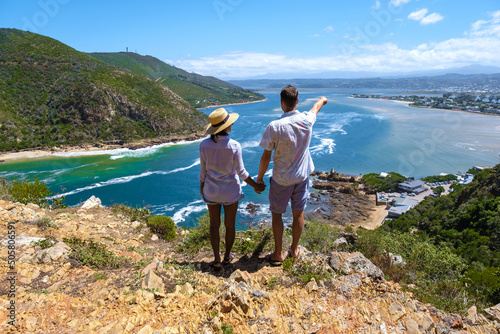 A panoramic view of the lagoon of Knysna, South Africa. beach in Knysna, Western Cape, South Africa. couple man and woman on a trip at the garden route 