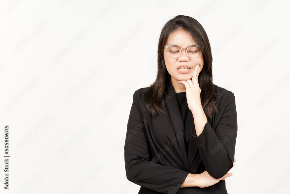 Suffering Toothache Of Beautiful Asian Woman Wearing Black Blazer Isolated On White Background Suffering Toothache Of Beautiful Asian Woman Wearing Black Blazer Isolated On White Background