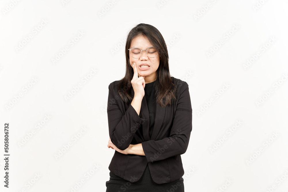 Suffering Toothache Of Beautiful Asian Woman Wearing Black Blazer Isolated On White Background Suffering Toothache Of Beautiful Asian Woman Wearing Black Blazer Isolated On White Background