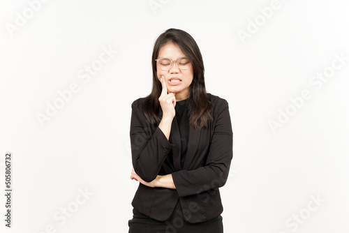 Suffering Toothache Of Beautiful Asian Woman Wearing Black Blazer Isolated On White Background