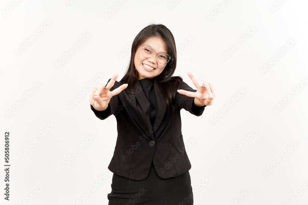 Showing Peace Sign Of Beautiful Asian Woman Wearing Black Blazer Isolated On White Background Showing Peace Sign Of Beautiful Asian Woman Wearing Black Blazer Isolated On White Background